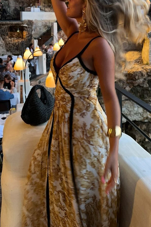 Violet Contrast Unique Print Pleated Backless Strappy Maxi Dress-consonak