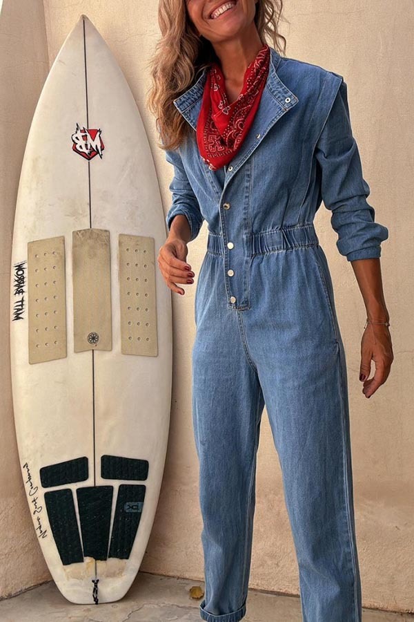 Carey Denim Button Up Long Sleeve Elastic Waist Pocketed Loose Jumpsuit-consonak