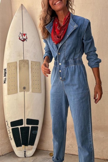 Carey Denim Button Up Long Sleeve Elastic Waist Pocketed Loose Jumpsuit-consonak
