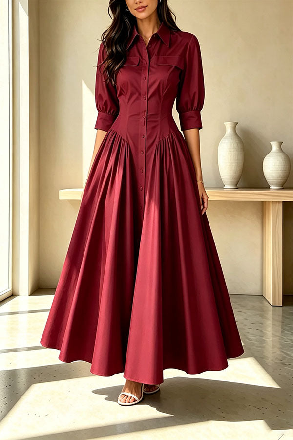 Elegant Linen Blend High Waisted Button Front Detail Pocket Shirt Umbrella Maxi Dress-Consonak