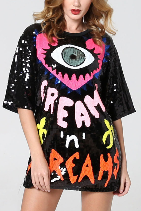 Love Eyes Letters Sequined Round Neck Short Sleeve Mid-Length Loose T-Shirt-consonak