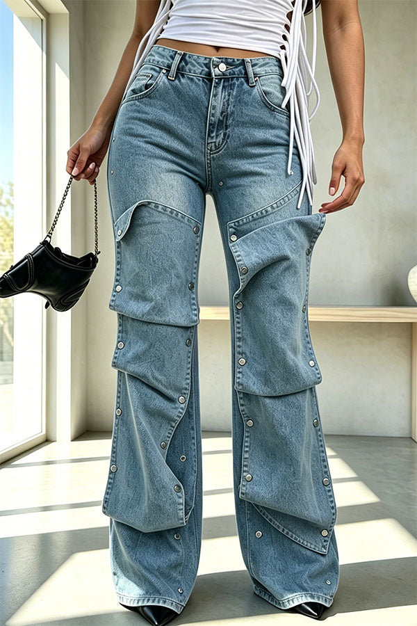 Chic Style Denim Decorative Button-stud Detail High Rise Pocket Loose Jeans-Consonak