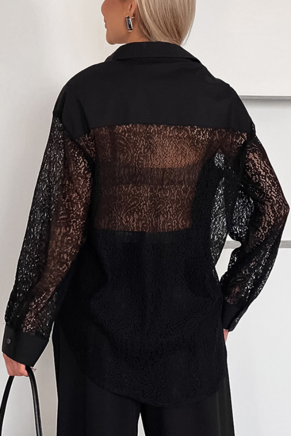 Fashionable Openwork Lace Patchwork Long-sleeved Loose Shirt