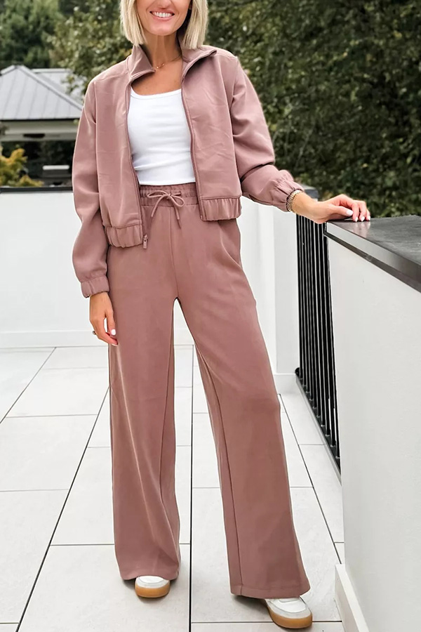 Airy Sleek Full Zip Jacket and High Rise Elastic Waist Pocket Wide Leg Sweatpants Set-consonak