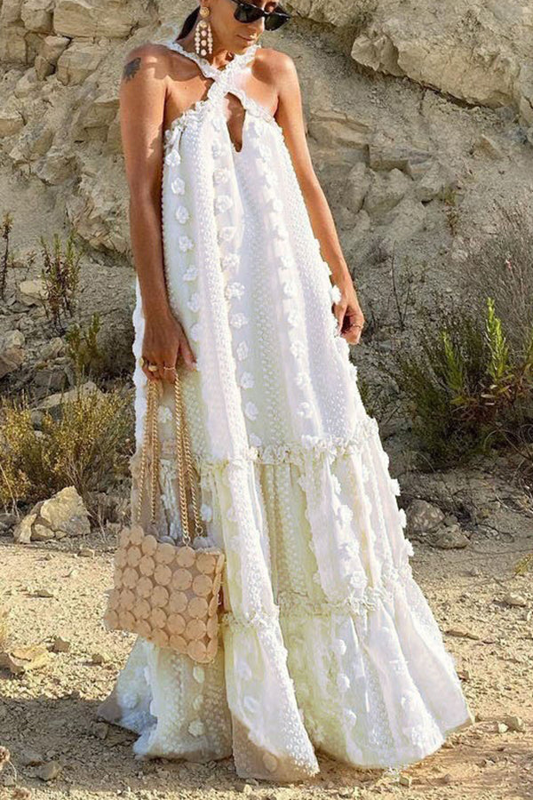 Sweet By The Sea Flower Decor Halter Party Maxi Dress | Consonak
