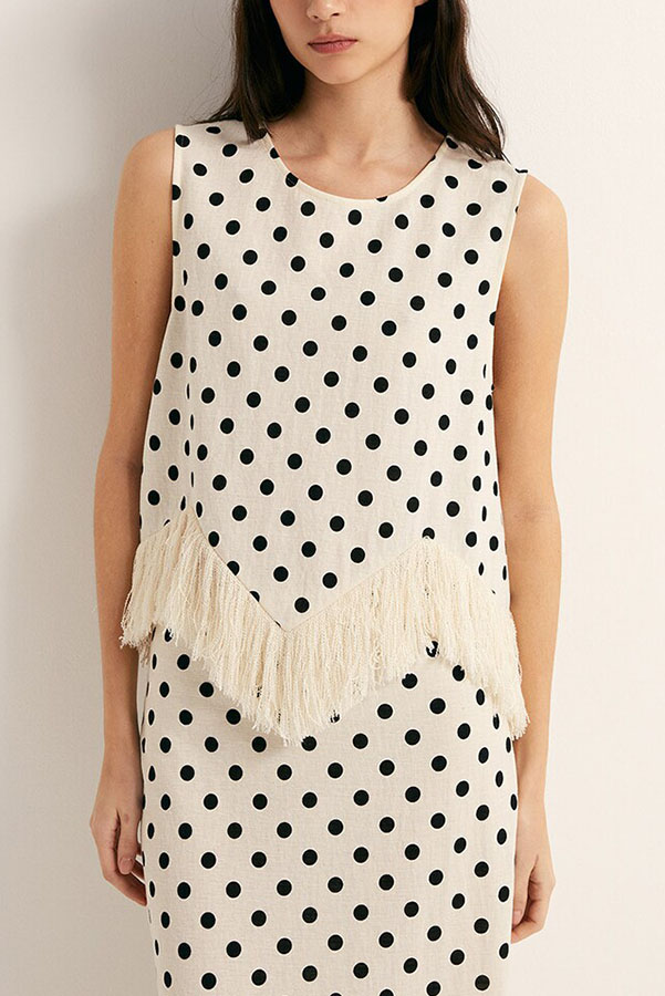Verrah Linen Blend Polka Dot Print Tassel Trim Loose Tank