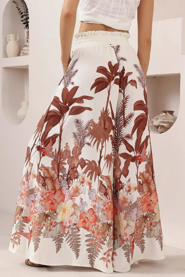 Leaf Print Casual Elastic Waist Pocket Loose Wide-leg Pants | Consonak