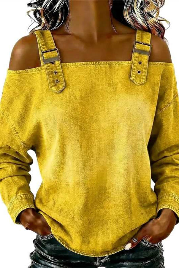 Fashionable Faux Denim Off-shoulder Long-sleeved Loose Top