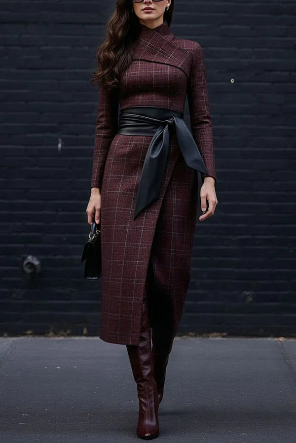Plaid Print Long-Sleeved Wide-belted Slim-Fit Midi Dress-consonak