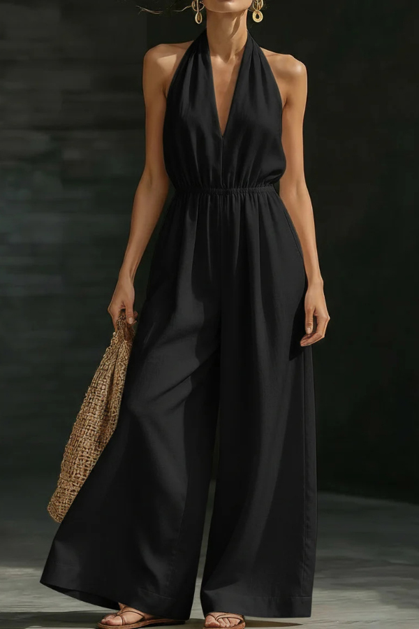Solid Color V-neck Sleeveless Backless Casual Pocket Loose Wide-leg Jumpsuit