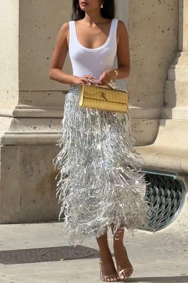 Evening Charm Layered Sequined Tassels High Rise Back Zipper Slit Midi Skirt-consonak