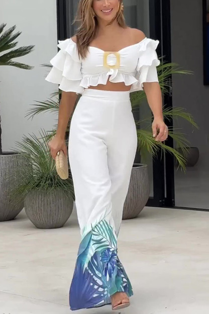 Sexy Off Shoulder Top and High Waisted Wide Leg Printed Pants Suit-consonak