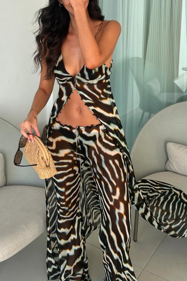 Zebra Print V-neck Camisole Long Mesh Top | Consonak