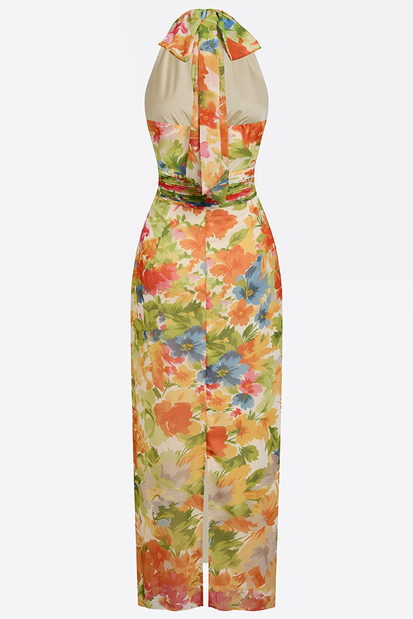 Lauria Chiffon Floral Print Ruched Waist Halter Tie-up Neck Backless Maxi Dress-consonak