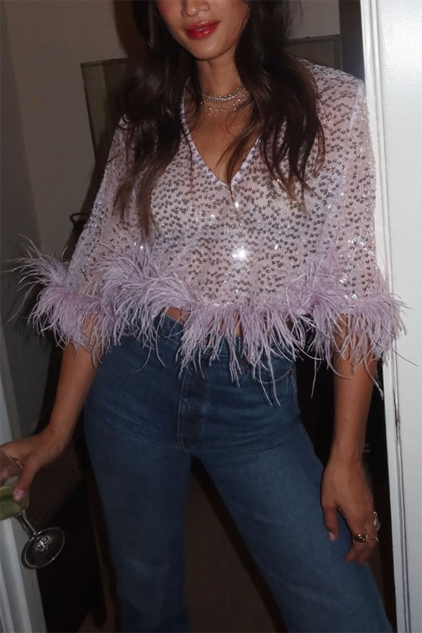 Dream Girl Sequin Feather Trim V-neck Half Sleeve Loose Crop Top-consonak