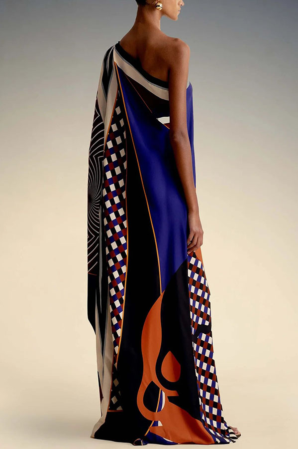 Abstract Geometric Color-Block Print One Shoulder Slit Kaftan Maxi Dress