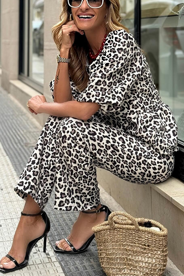 Enjoy Everyday Leopard Print Puff Sleeve Babydoll Top and Elastic Waist Pocketed Pant Set-consonak
