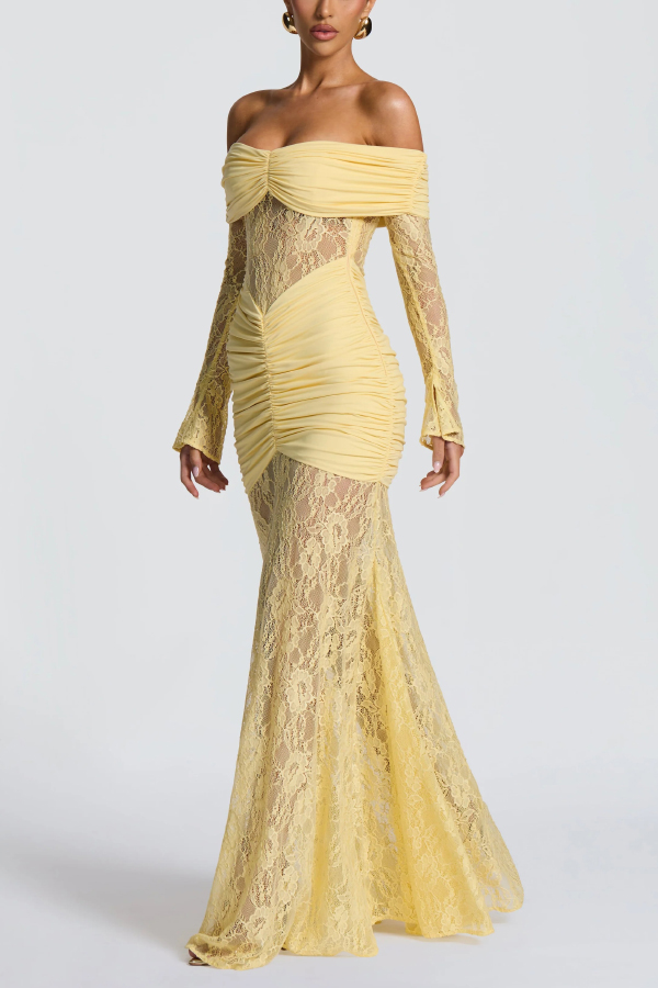 Solid Color Patchwork Lace Off-shoulder Long-sleeved Pleated Slim-fit Maxi Dress-consonak