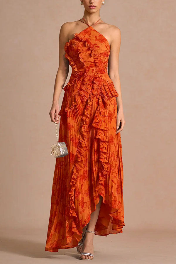 Dream Ode Lily Pad Style Pleats and Ruffles Halter Gown Maxi Dress-Consonak