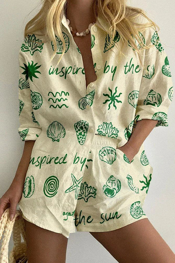 Undersea Creature Print Button Pockets Elastic Waist Shorts Set-consonak