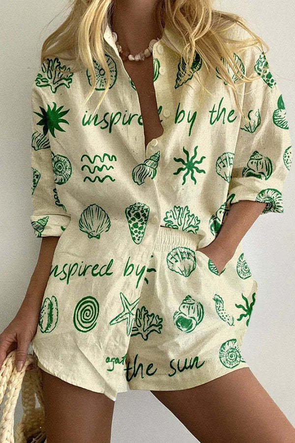 Undersea Creature Print Button Pockets Elastic Waist Shorts Set-consonak