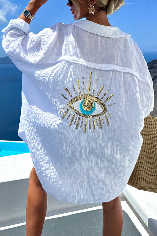 Summer Breeze Linen Blend Sequin Magic Eye Desig Oversized Relax Shirt | Consonak