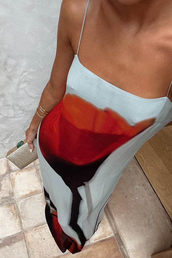 Passionate wine glass flower abstract tulip print H-shaped casual long dress-consonak