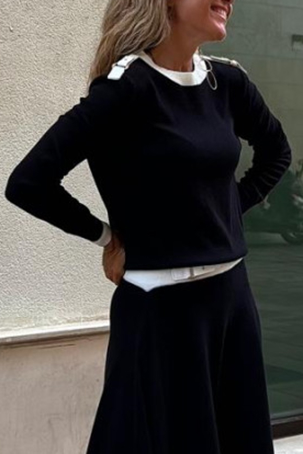 Kadie Colorblock Shoulder Buckle Detail Long Sleeve Loose Top-consonak