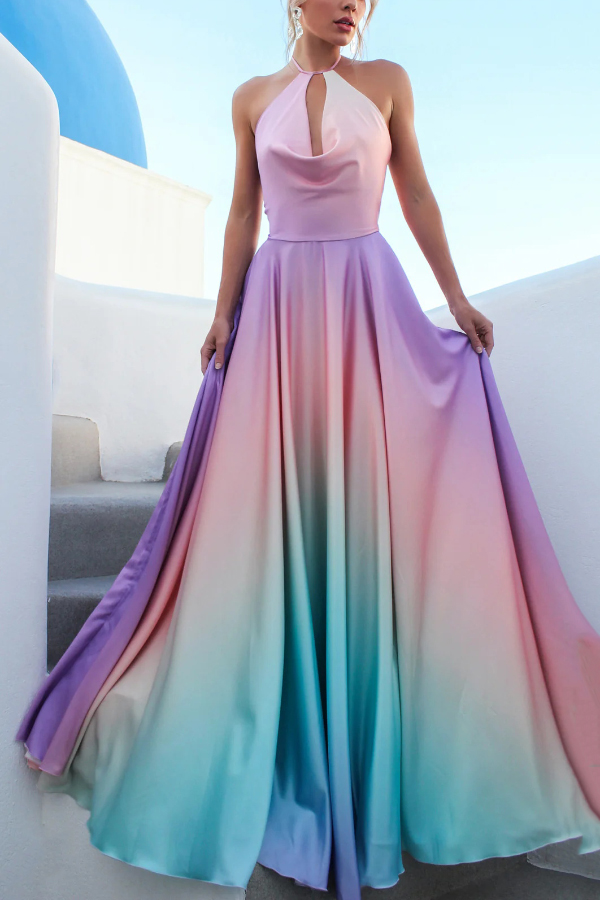 Fashionable Gradient Halter Neck Backless Tie-up Elegant Full Hem Maxi Dress
