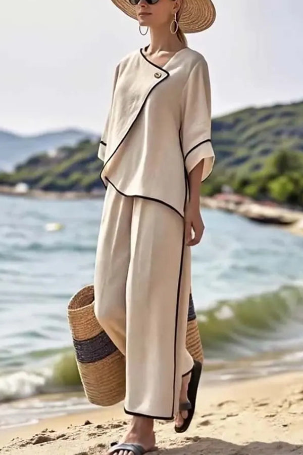 Stylish Color Trim Asymmetrical Casual Top and Elastic Waist and Wide-leg Pant Set-consonak