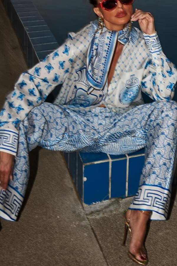 Stylized Dragon Satin Unique Print Long Sleeve Loose Shirt and Elastic Waist Pants Set-consonak