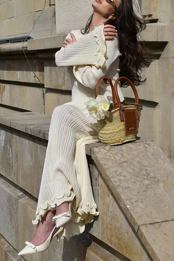 Clara Pleated Fabric Wavy Edges Bell Sleeve Tie-back Stretch Maxi Dress-consonak