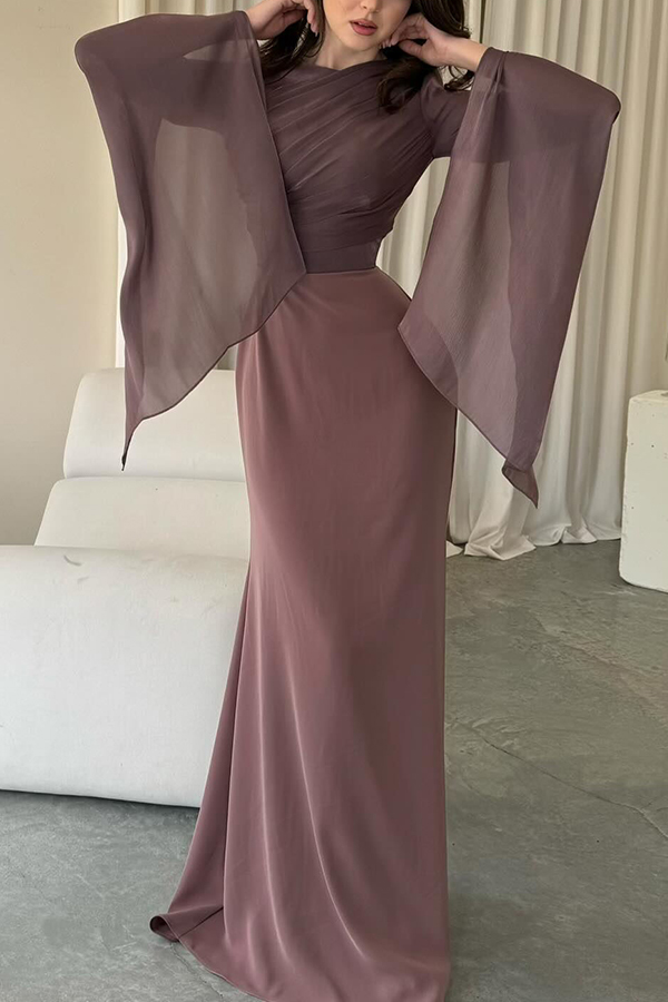 Liora Ruched Organza and Satin Patchwork Design Long Bell Slit Sleeve Maxi Dress-consonak