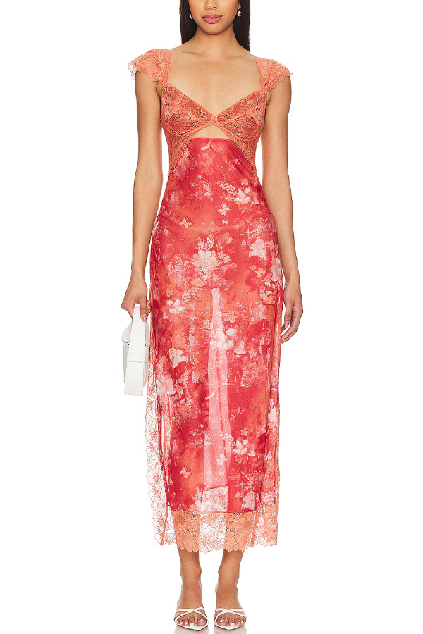 Floral Print Lace Patchwork Hollow-out Slim-fit Midi Dress-consonak