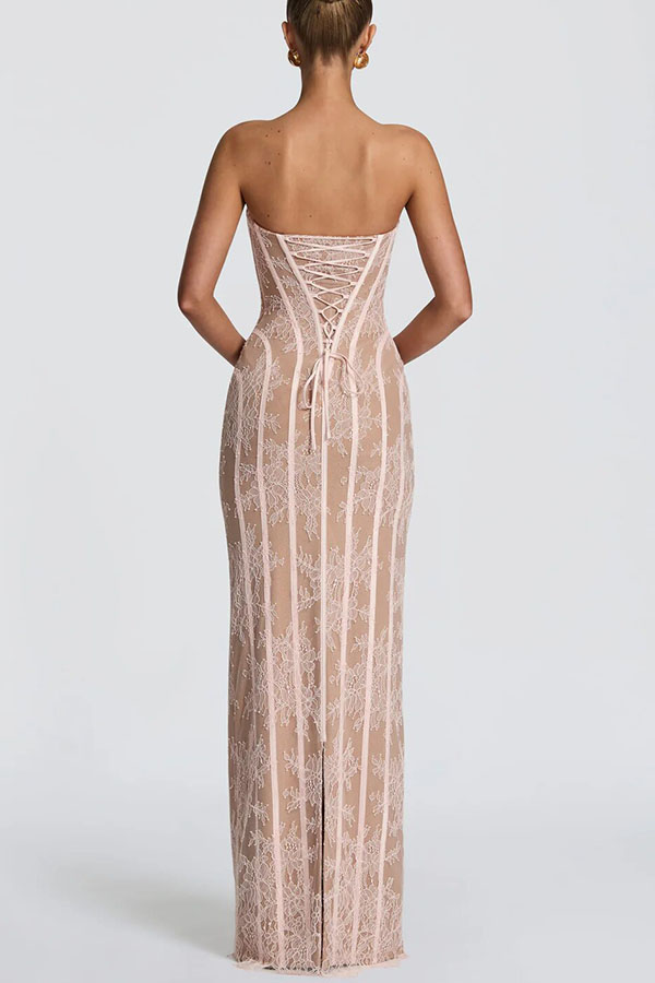 Summer Colour Sian Floral Lace Contrast Structural Detail Back Lace-up Strapless Slit Maxi Dress-Consonak