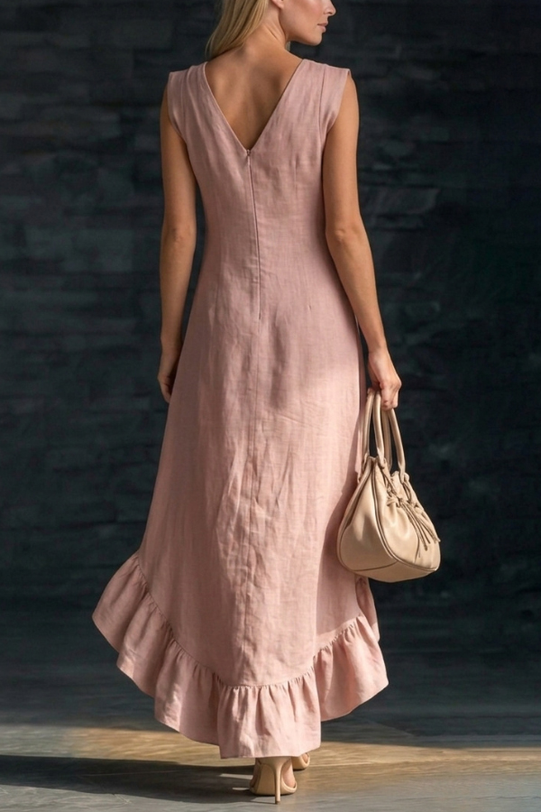 Linen Blend V-neck Sleeveless Ruffled Hem Casual Maxi Dress