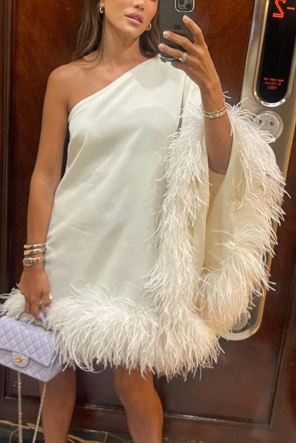 Vegas Living One Shoulder Feather Hem Party Mini Dress-consonak