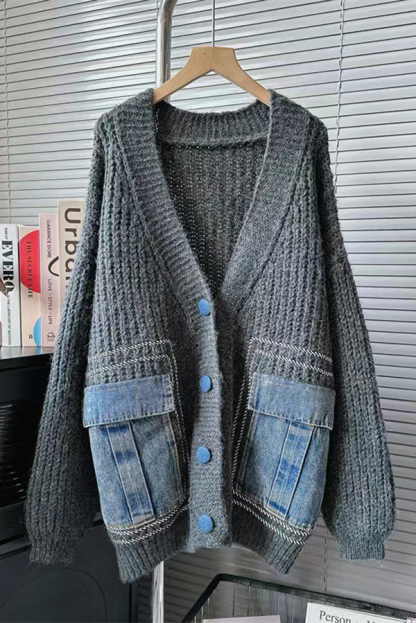 Fashionable Loose Spliced ​​denim Pocket Knitted Sweater Cardigan-consonak