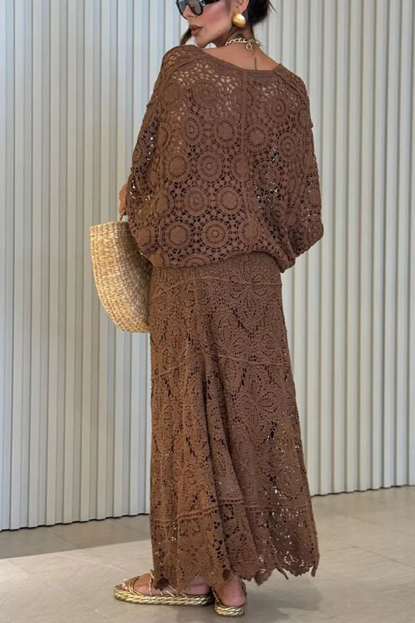 Anina Knit Crochet Cutout Button Up Batwing Half Sleeve Loose Cover-up Top