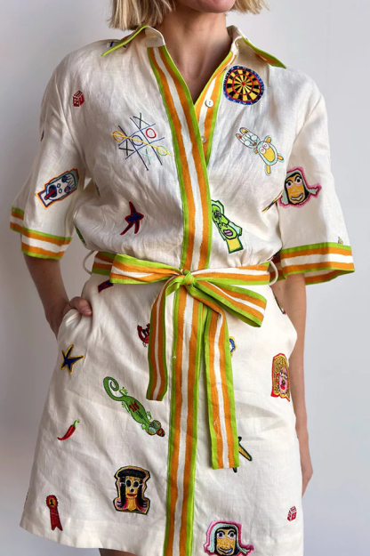 Britt Linen Blend Unique Printed Short Sleeved Pocket Tie Waist Mini Dress-consonak