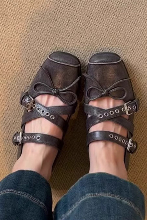 Bow Cross Strap Square Toe Ballet Flats | Consonak