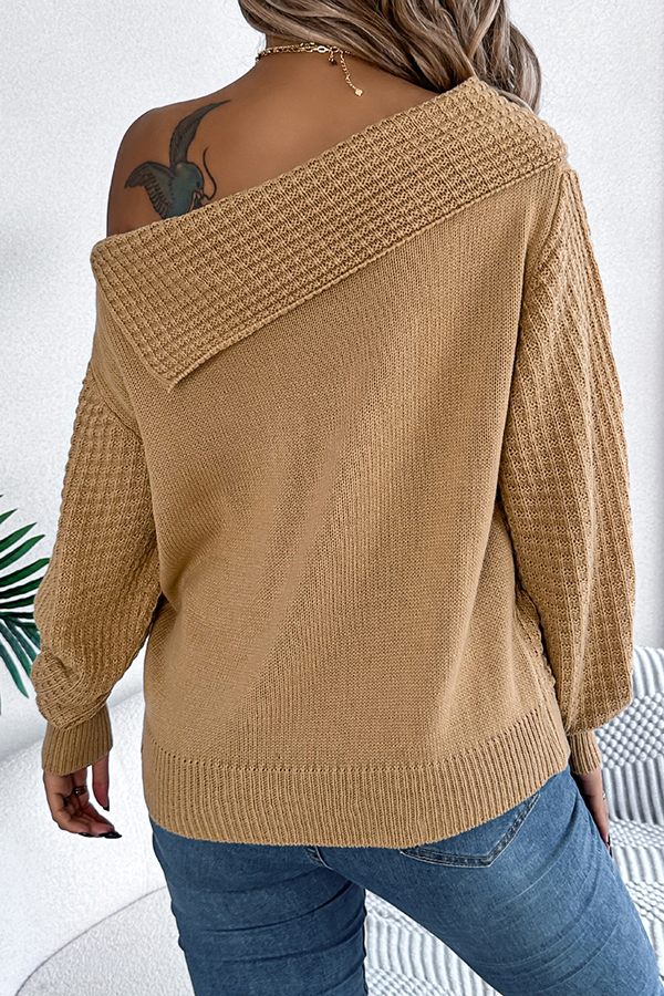 Solid Color Casual One Shoulder Long Sleeve Knitted Sweater-consonak