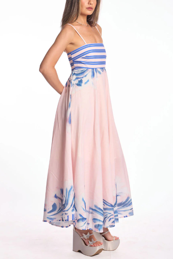 Unique Print Square Neck Spaghetti Strap Back Gathered Maxi Dress