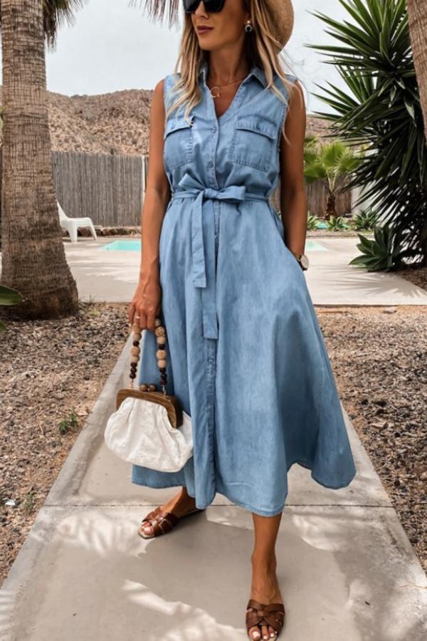 Ralphy Pocketed Distressed Denim Tie Dress | Consonak