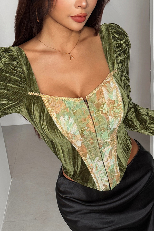 Oil Painting Style Elegant Strapless Slim-fit Fishbone Top-consonak