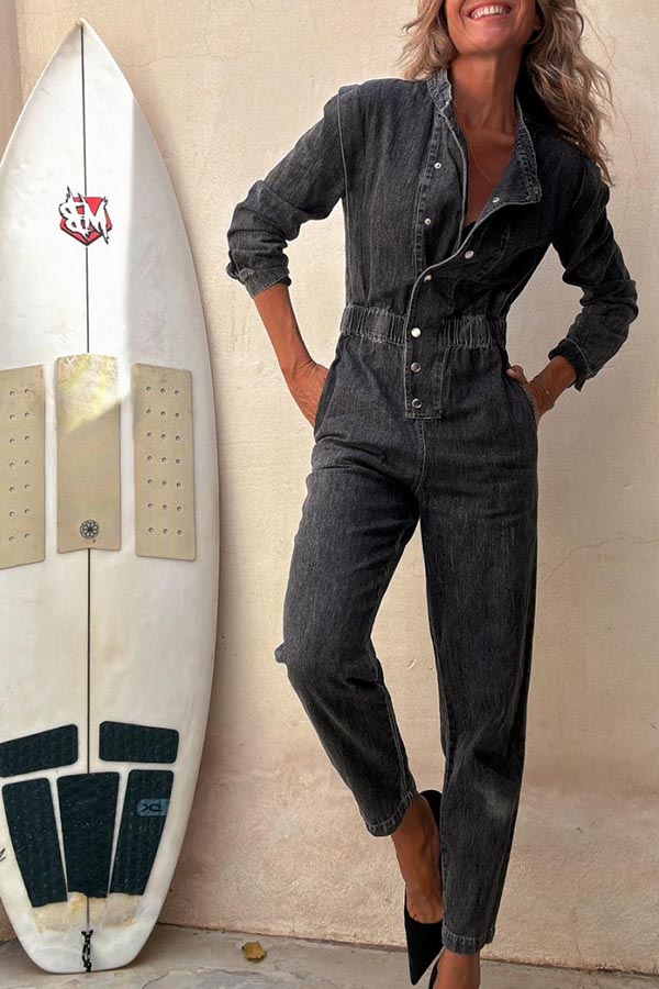 Carey Denim Button Up Long Sleeve Elastic Waist Pocketed Loose Jumpsuit-consonak