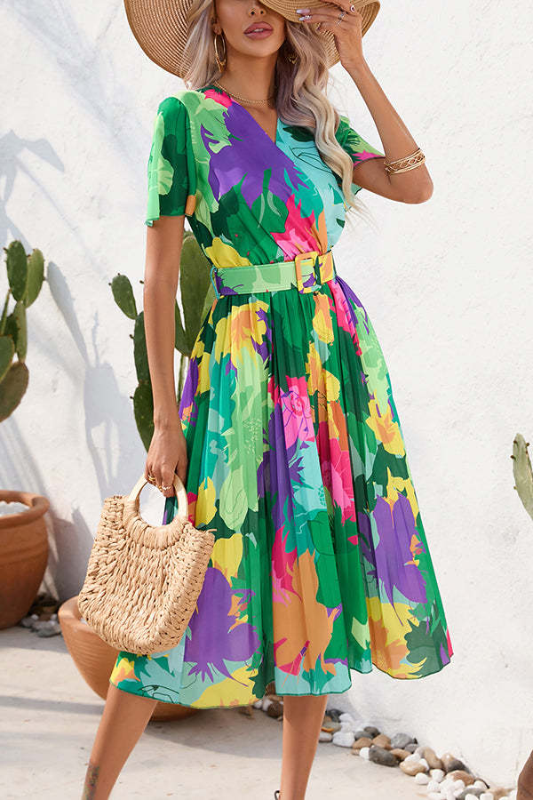 Paulette Contrast Floral Print Belted Pleated Midi Dress-consonak