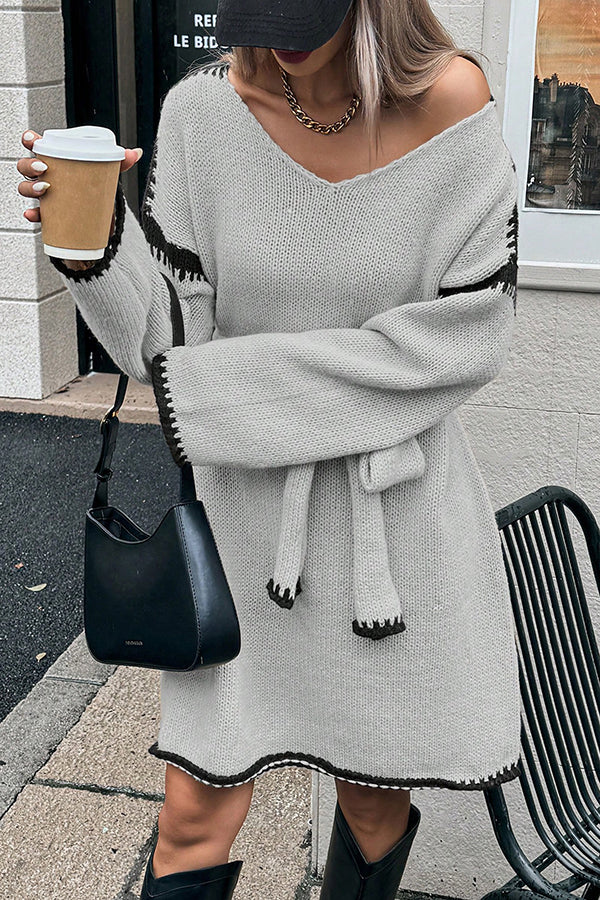 Stylish Loose-fitting Long-sleeved Tie-waist Knit Mini Dress-consonak