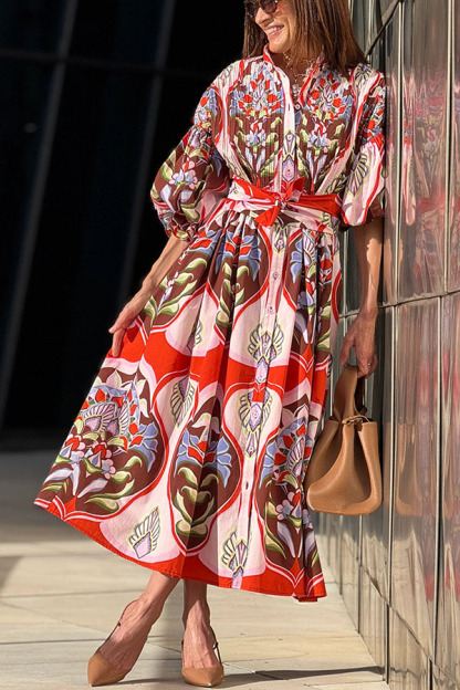 Khloe Bold Geometric Print Pleated Shoulder Puff Sleeve Belt Pocket Shirt Midi Dress