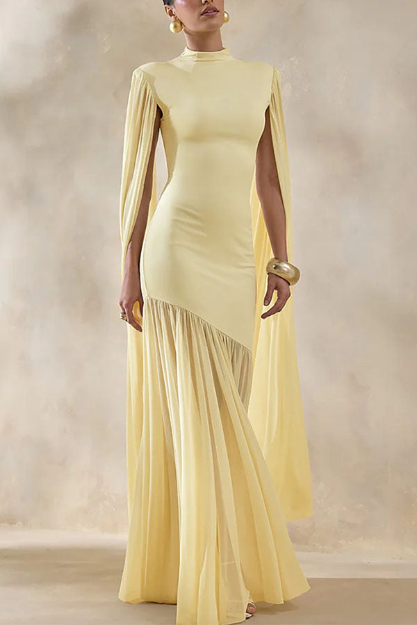 Elegant High-Neck Cape Detail Maxi Dress-Consonak